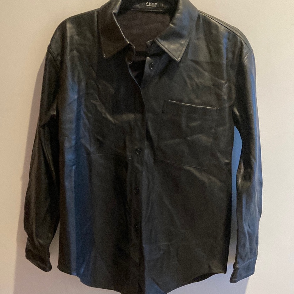 Black Faux Leather Button-Up jacket